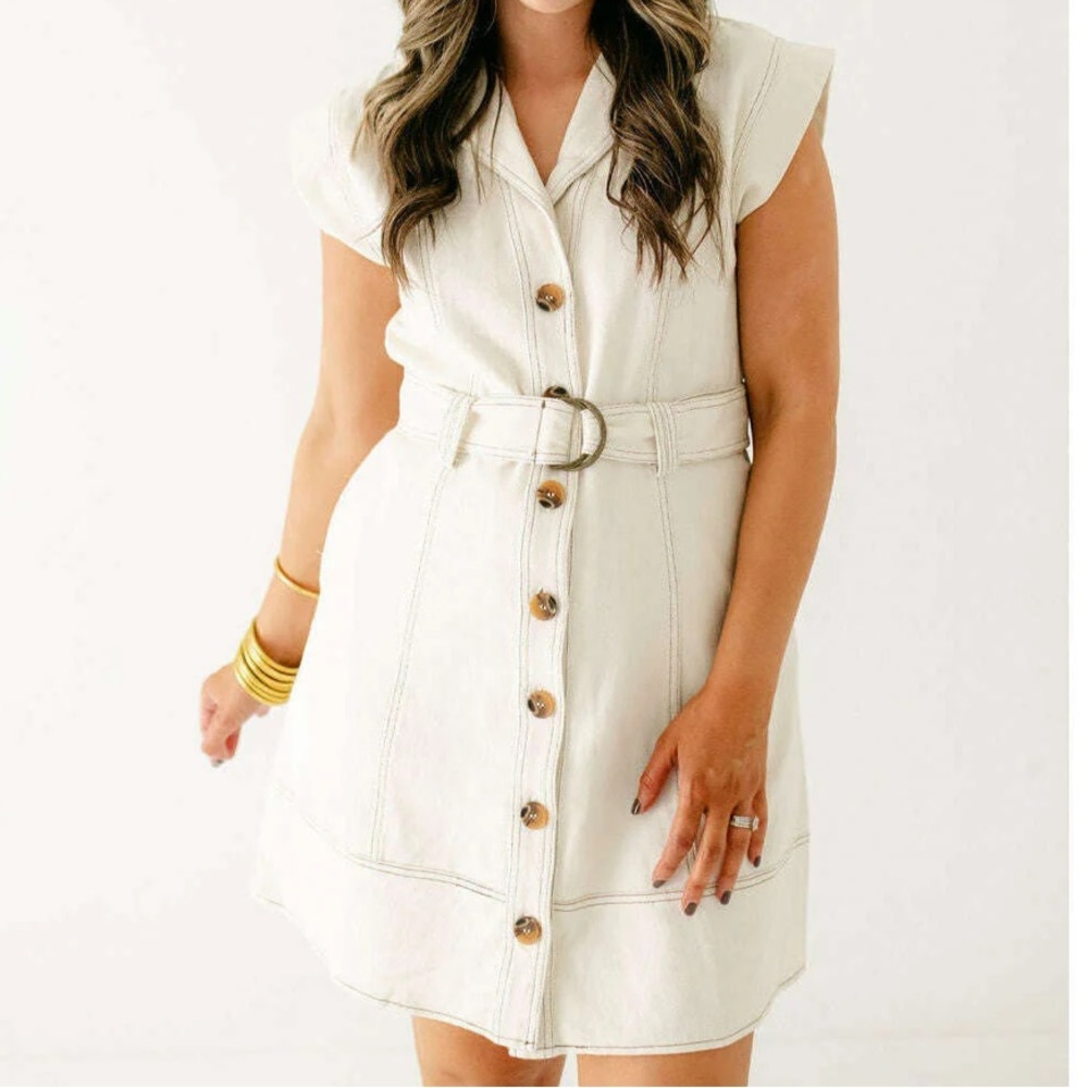 Entro Cream Belted Denim Mini Dress